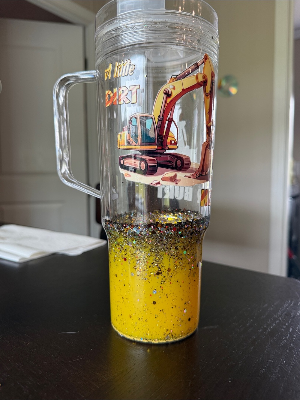 Yellow Excavator Glitter Travel Mug with Handle
